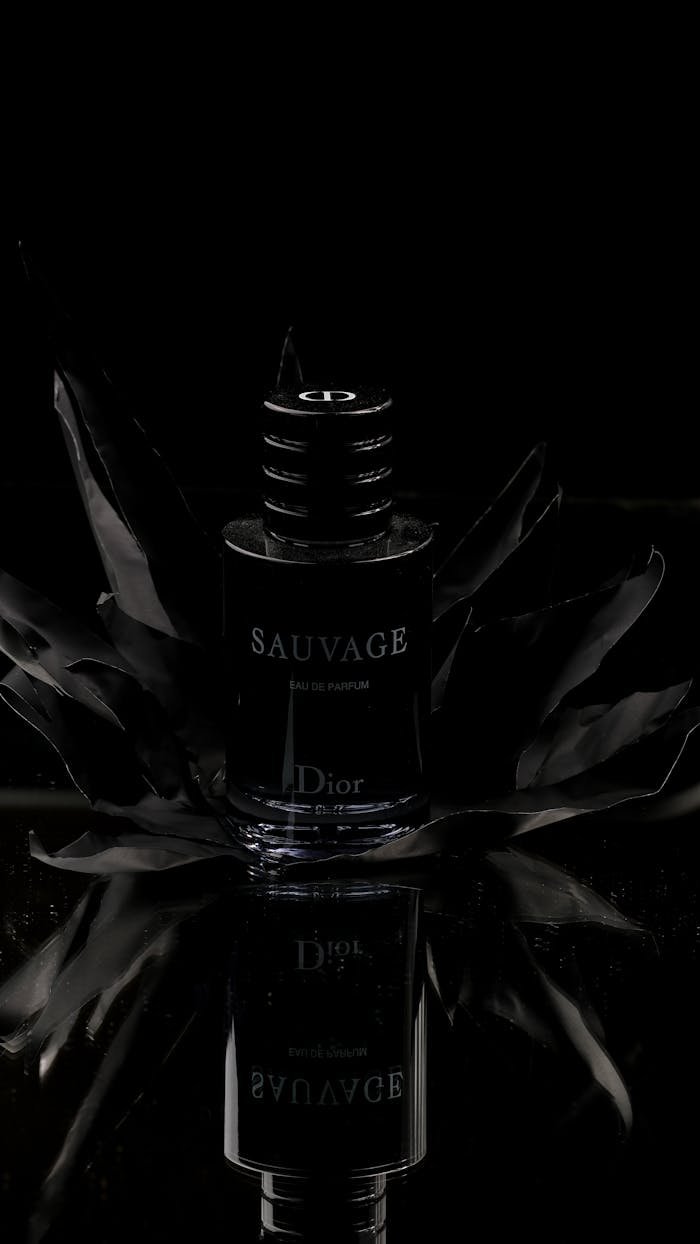 Stylish perfume bottle on a black reflective surface with dramatic lighting.