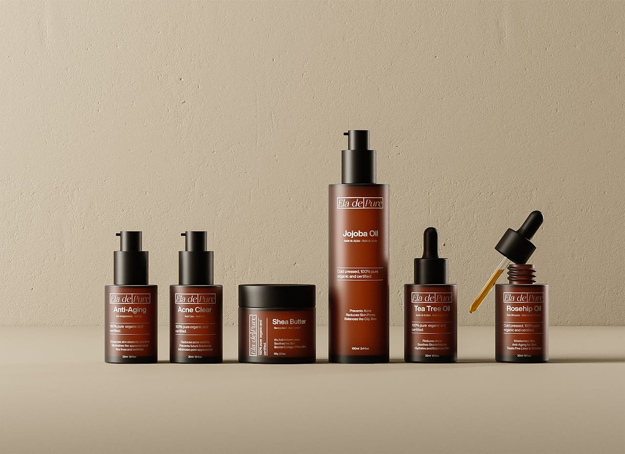 Stylish display of Ela de Pure skincare collection featuring essential oils and serums.