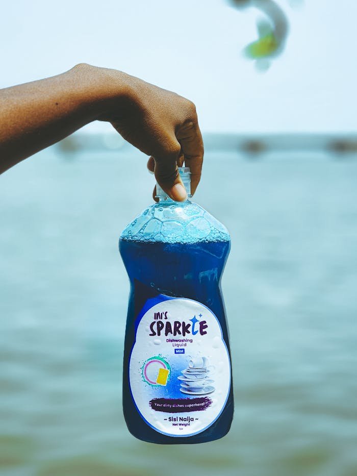 services-04 A hand holds a bottle of blue sparkling dishwashing liquid by the ocean, highlighting freshness.